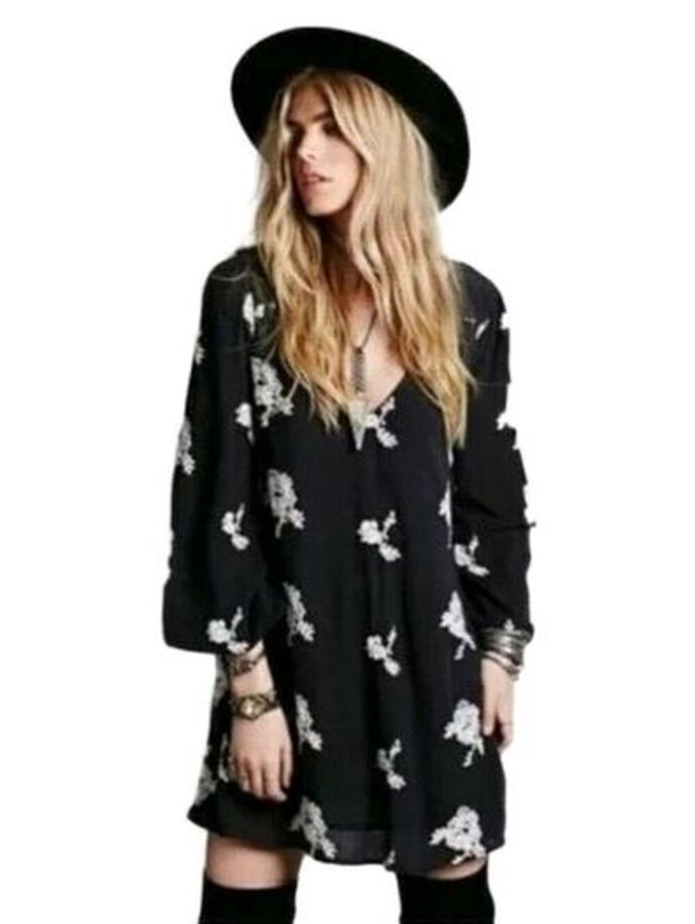 Free People Austin Mini Dress S Black White Embroidered Boho Open Back